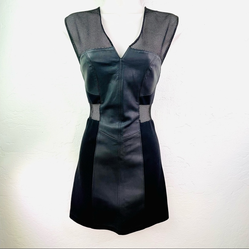 VEDA Tailored Sheath Dress Black Leather Stretch V Neck W/ Sheer Mesh S New